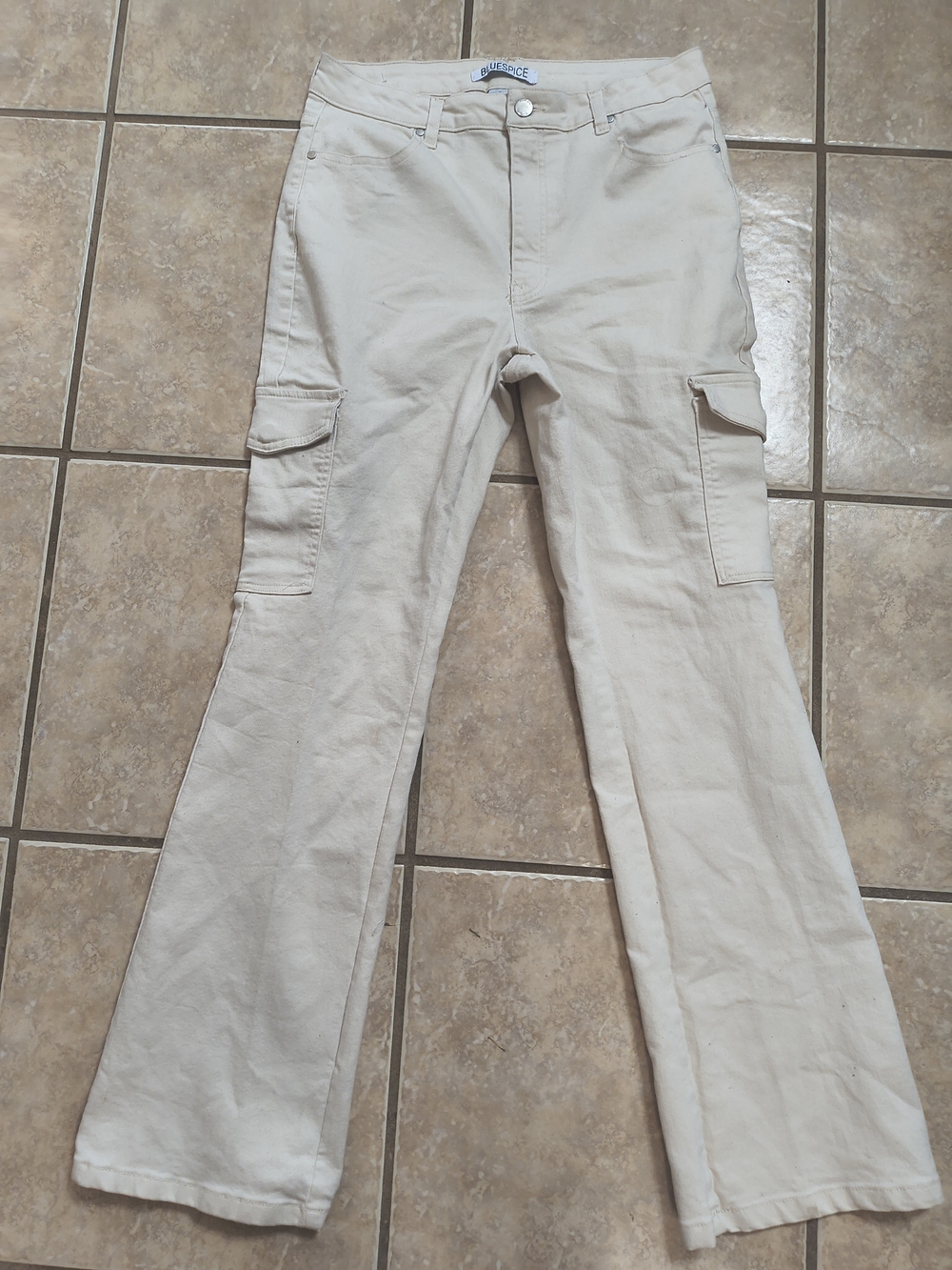 Blue Spice Cream Cargo Pants with Flared Legs